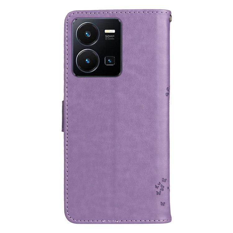 KT Imprinting Flower Series-3 for vivo Y35 / Y22s 4G / Y22 4G Protective Flip Phone Case Imprinted Cat Tree Pattern Wallet Stand Anti-wear PU Leather Phone Cover - Light Purple