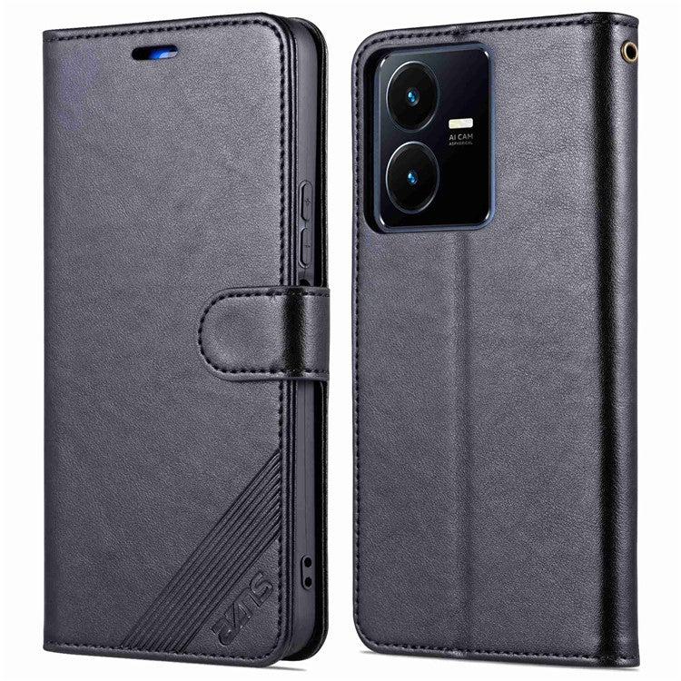 AZNS for vivo Y22s 4G / Y22 4G / Y35 4G (2022) Textured PU Leather + TPU Case Full Protection Magnetic Clasp Phone Cover with Wallet Stand - Black