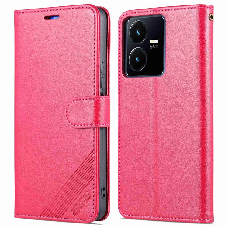 AZNS for vivo Y22s 4G / Y22 4G / Y35 4G (2022) Textured PU Leather + TPU Case Full Protection Magnetic Clasp Phone Cover with Wallet Stand - Red