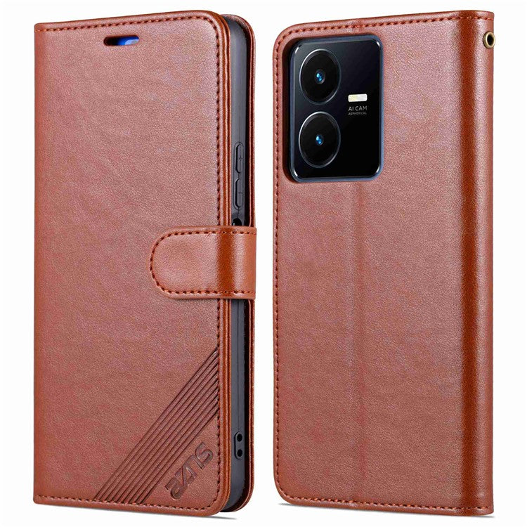 AZNS for vivo Y22s 4G / Y22 4G / Y35 4G (2022) Textured PU Leather + TPU Case Full Protection Magnetic Clasp Phone Cover with Wallet Stand - Brown