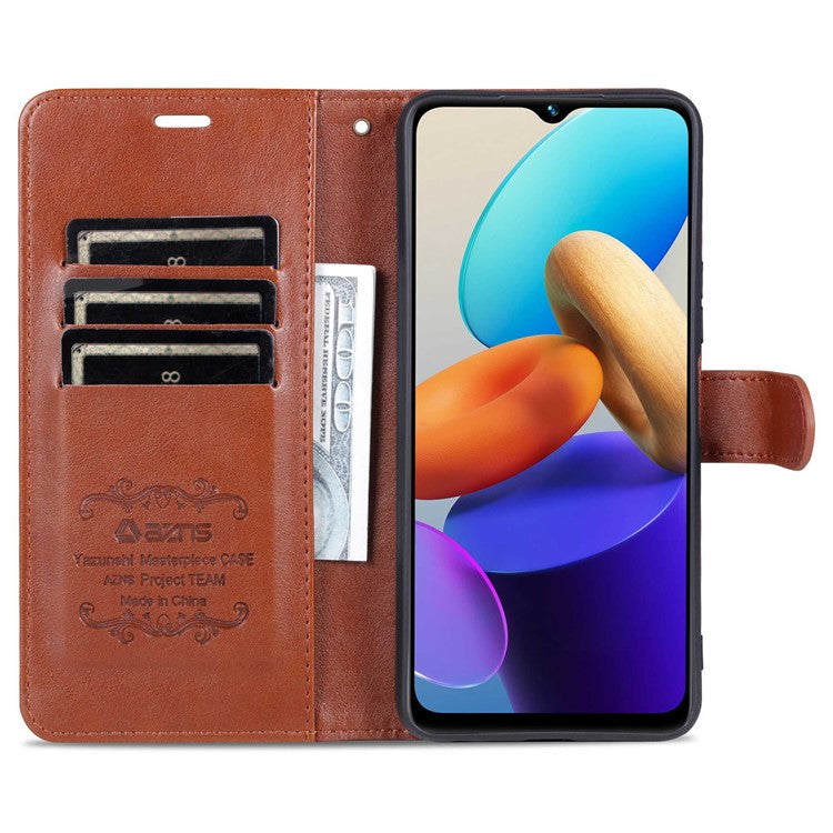 AZNS for vivo Y22s 4G / Y22 4G / Y35 4G (2022) Textured PU Leather + TPU Case Full Protection Magnetic Clasp Phone Cover with Wallet Stand - Brown