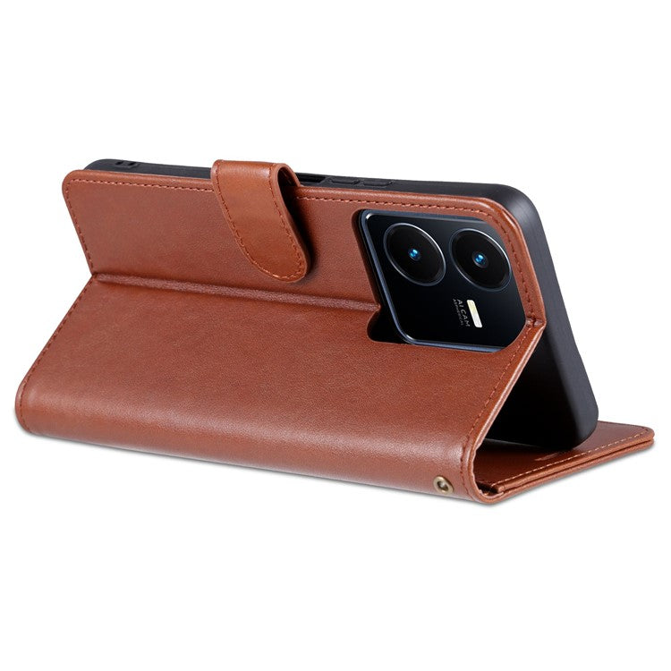 AZNS for vivo Y22s 4G / Y22 4G / Y35 4G (2022) Textured PU Leather + TPU Case Full Protection Magnetic Clasp Phone Cover with Wallet Stand - Brown