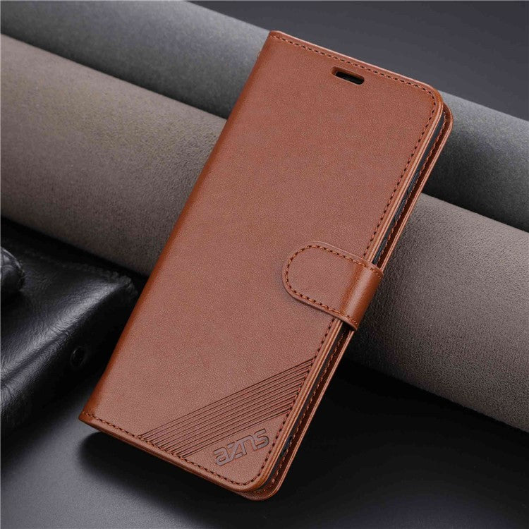 AZNS for vivo Y22s 4G / Y22 4G / Y35 4G (2022) Textured PU Leather + TPU Case Full Protection Magnetic Clasp Phone Cover with Wallet Stand - Brown