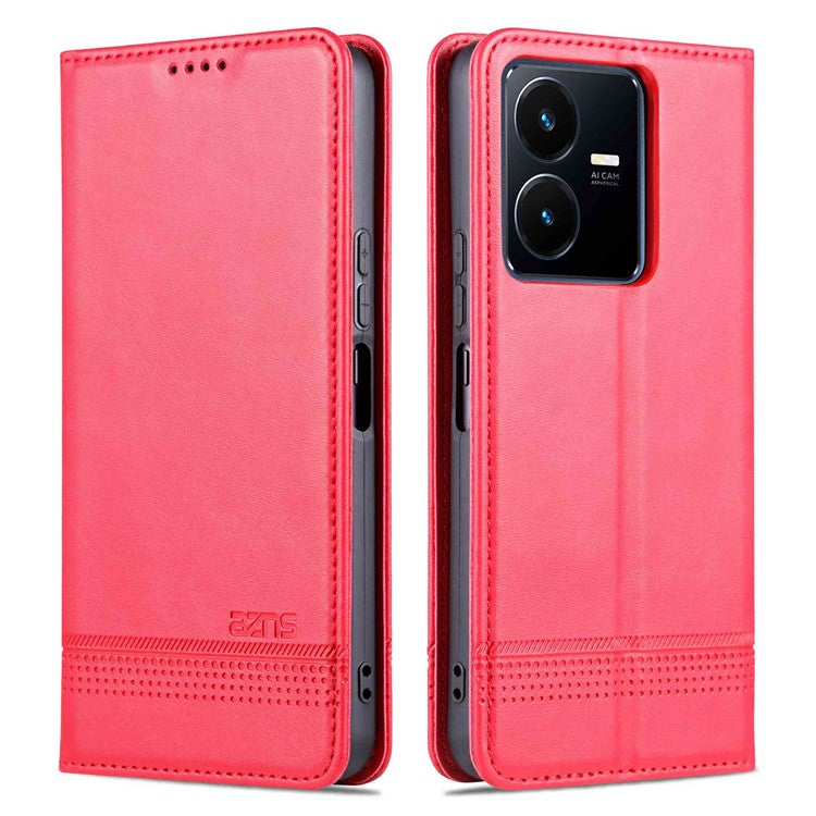 AZNS For vivo Y22s 4G / Y22 4G / Y35 4G (2022) Cowhide Texture PU Leather Case Magnetic Auto-absorbed Phone Cover with Wallet Stand - Red