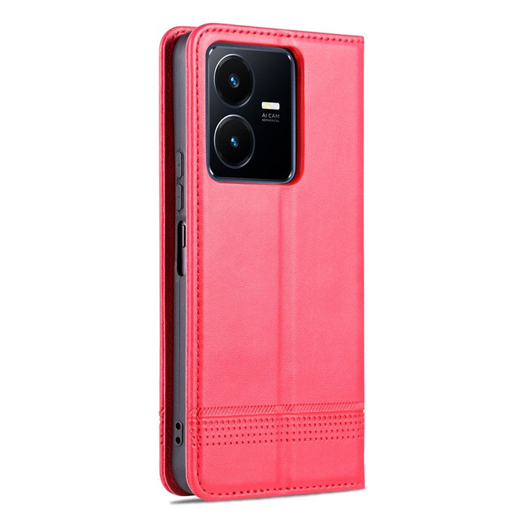 AZNS For vivo Y22s 4G / Y22 4G / Y35 4G (2022) Cowhide Texture PU Leather Case Magnetic Auto-absorbed Phone Cover with Wallet Stand - Red