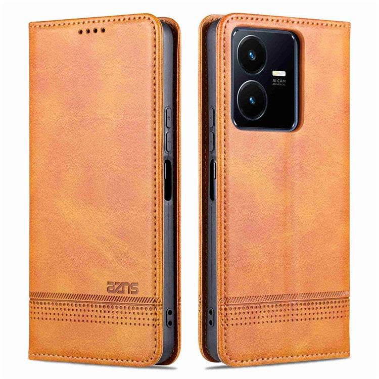 AZNS For vivo Y22s 4G / Y22 4G / Y35 4G (2022) Cowhide Texture PU Leather Case Magnetic Auto-absorbed Phone Cover with Wallet Stand - Brown