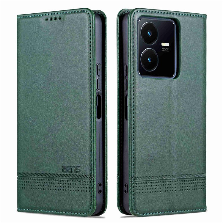 AZNS For vivo Y22s 4G / Y22 4G / Y35 4G (2022) Cowhide Texture PU Leather Case Magnetic Auto-absorbed Phone Cover with Wallet Stand - Green