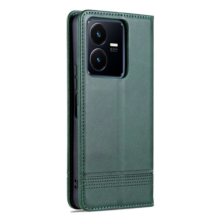 AZNS For vivo Y22s 4G / Y22 4G / Y35 4G (2022) Cowhide Texture PU Leather Case Magnetic Auto-absorbed Phone Cover with Wallet Stand - Green