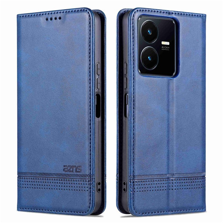 AZNS For vivo Y22s 4G / Y22 4G / Y35 4G (2022) Cowhide Texture PU Leather Case Magnetic Auto-absorbed Phone Cover with Wallet Stand - Blue