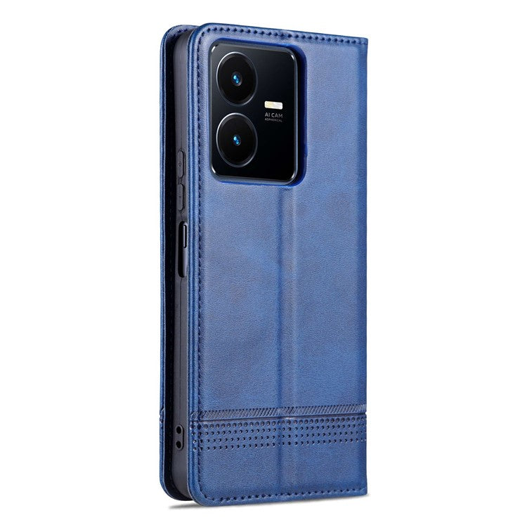 AZNS For vivo Y22s 4G / Y22 4G / Y35 4G (2022) Cowhide Texture PU Leather Case Magnetic Auto-absorbed Phone Cover with Wallet Stand - Blue