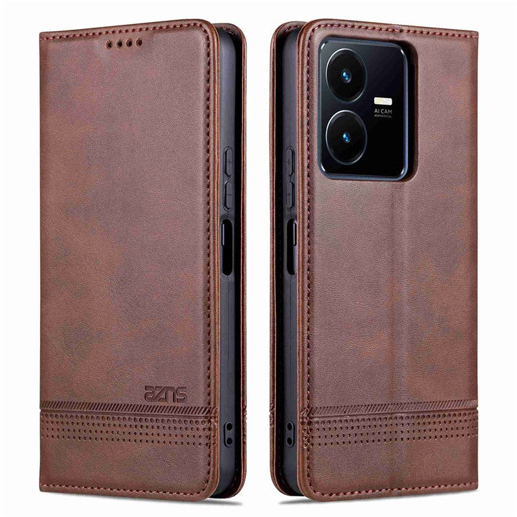 AZNS For vivo Y22s 4G / Y22 4G / Y35 4G (2022) Cowhide Texture PU Leather Case Magnetic Auto-absorbed Phone Cover with Wallet Stand - Coffee