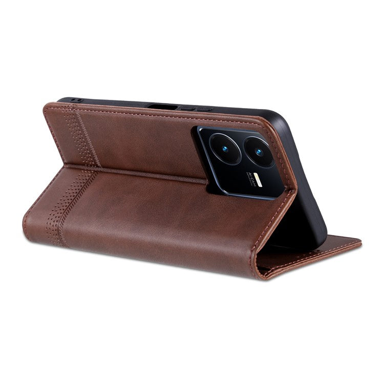 AZNS For vivo Y22s 4G / Y22 4G / Y35 4G (2022) Cowhide Texture PU Leather Case Magnetic Auto-absorbed Phone Cover with Wallet Stand - Coffee