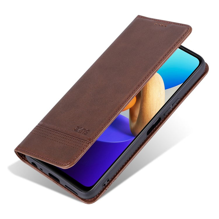 AZNS For vivo Y22s 4G / Y22 4G / Y35 4G (2022) Cowhide Texture PU Leather Case Magnetic Auto-absorbed Phone Cover with Wallet Stand - Coffee