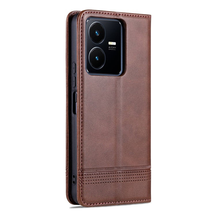 AZNS For vivo Y22s 4G / Y22 4G / Y35 4G (2022) Cowhide Texture PU Leather Case Magnetic Auto-absorbed Phone Cover with Wallet Stand - Coffee