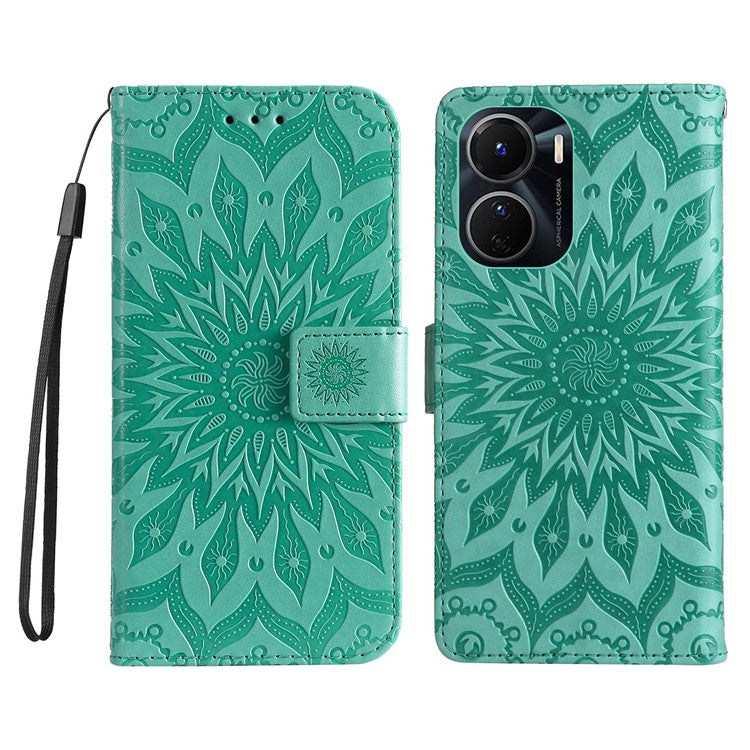 KT Imprinting Flower Series-1 for vivo Y16 4G / Y02s 4G Adjustable Stand Phone Wallet Cover  Sunflower Imprinted PU Leather Shockproof Phone Case - Green