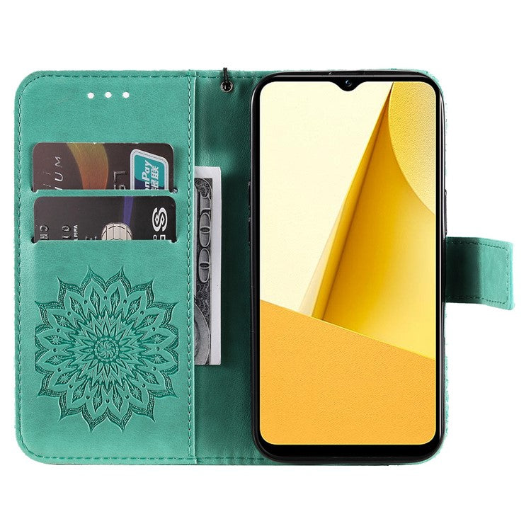 KT Imprinting Flower Series-1 for vivo Y16 4G / Y02s 4G Adjustable Stand Phone Wallet Cover  Sunflower Imprinted PU Leather Shockproof Phone Case - Green