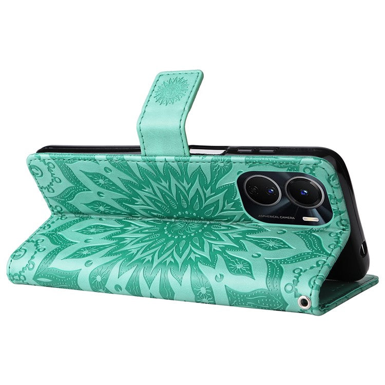 KT Imprinting Flower Series-1 for vivo Y16 4G / Y02s 4G Adjustable Stand Phone Wallet Cover  Sunflower Imprinted PU Leather Shockproof Phone Case - Green