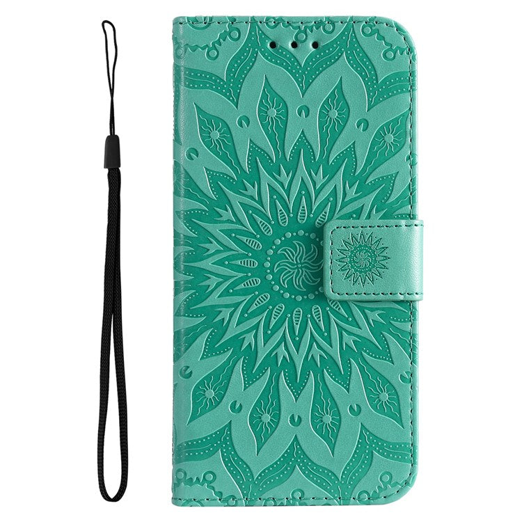 KT Imprinting Flower Series-1 for vivo Y16 4G / Y02s 4G Adjustable Stand Phone Wallet Cover  Sunflower Imprinted PU Leather Shockproof Phone Case - Green