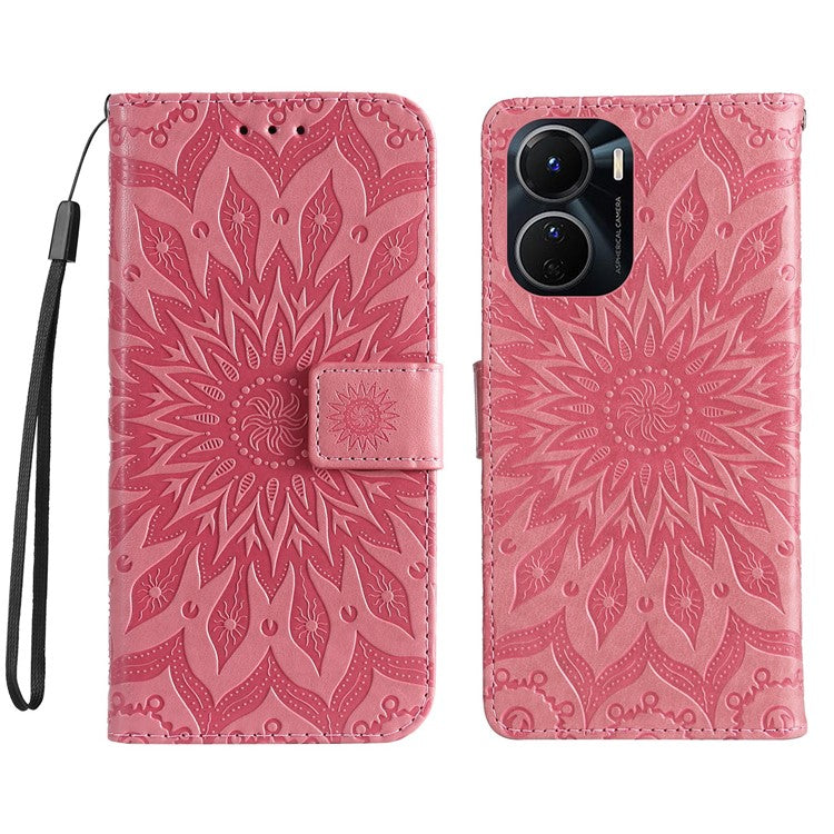 KT Imprinting Flower Series-1 for vivo Y16 4G / Y02s 4G Adjustable Stand Phone Wallet Cover  Sunflower Imprinted PU Leather Shockproof Phone Case - Pink