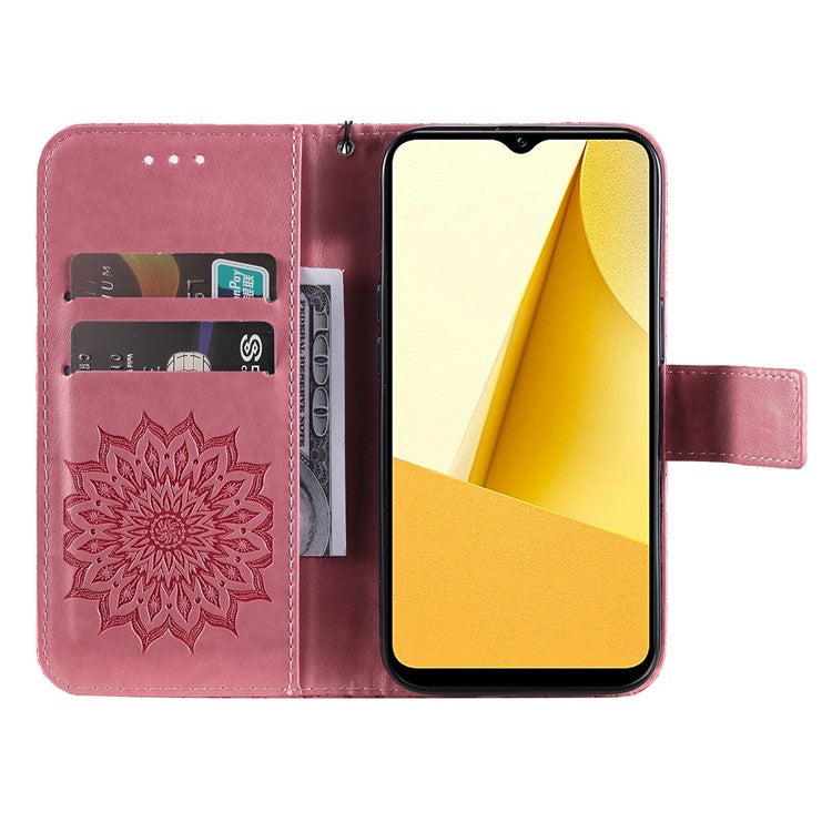 KT Imprinting Flower Series-1 for vivo Y16 4G / Y02s 4G Adjustable Stand Phone Wallet Cover  Sunflower Imprinted PU Leather Shockproof Phone Case - Pink