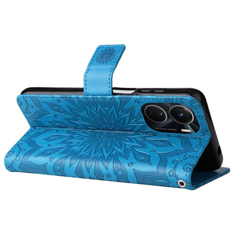 KT Imprinting Flower Series-1 for vivo Y16 4G / Y02s 4G Adjustable Stand Phone Wallet Cover  Sunflower Imprinted PU Leather Shockproof Phone Case - Blue