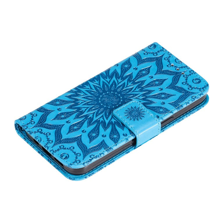 KT Imprinting Flower Series-1 for vivo Y16 4G / Y02s 4G Adjustable Stand Phone Wallet Cover  Sunflower Imprinted PU Leather Shockproof Phone Case - Blue