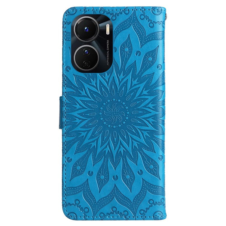 KT Imprinting Flower Series-1 for vivo Y16 4G / Y02s 4G Adjustable Stand Phone Wallet Cover  Sunflower Imprinted PU Leather Shockproof Phone Case - Blue