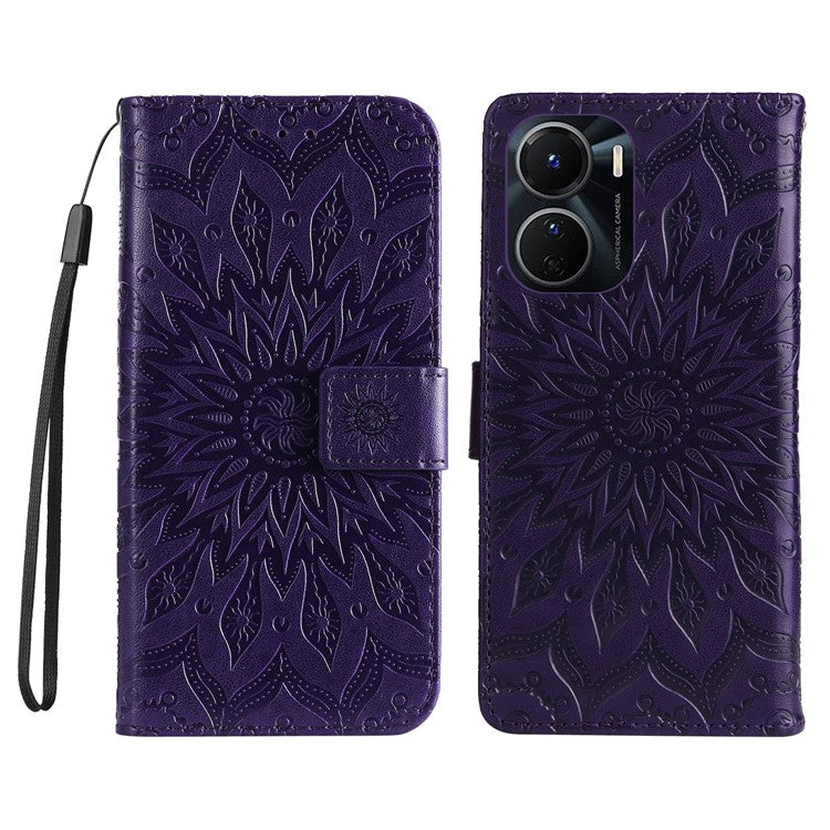 KT Imprinting Flower Series-1 for vivo Y16 4G / Y02s 4G Adjustable Stand Phone Wallet Cover  Sunflower Imprinted PU Leather Shockproof Phone Case - Purple