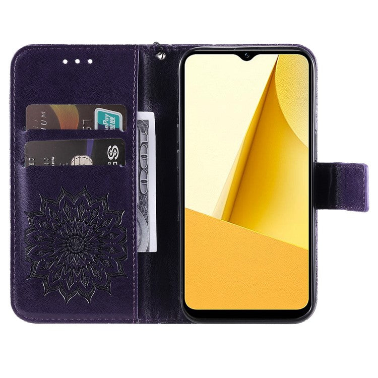 KT Imprinting Flower Series-1 for vivo Y16 4G / Y02s 4G Adjustable Stand Phone Wallet Cover  Sunflower Imprinted PU Leather Shockproof Phone Case - Purple