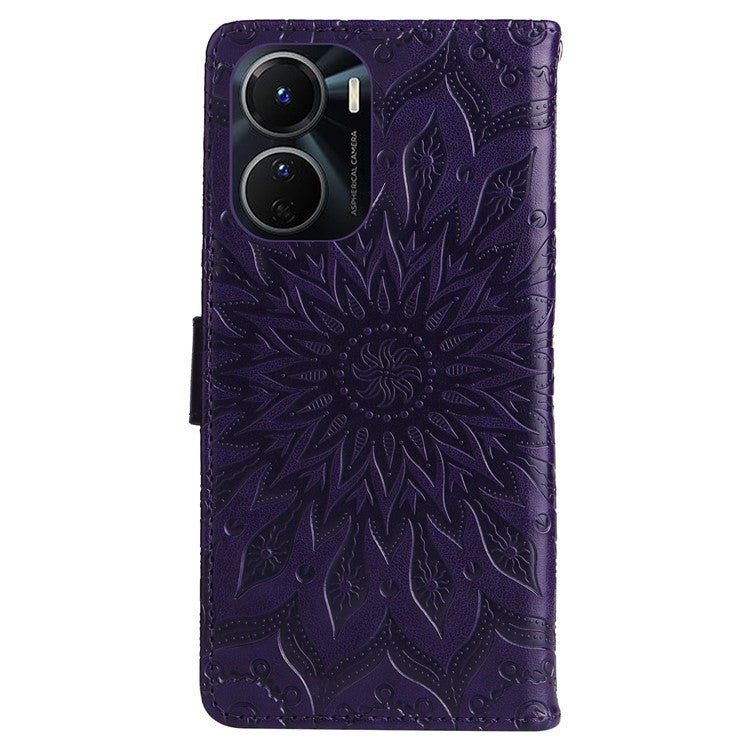 KT Imprinting Flower Series-1 for vivo Y16 4G / Y02s 4G Adjustable Stand Phone Wallet Cover  Sunflower Imprinted PU Leather Shockproof Phone Case - Purple