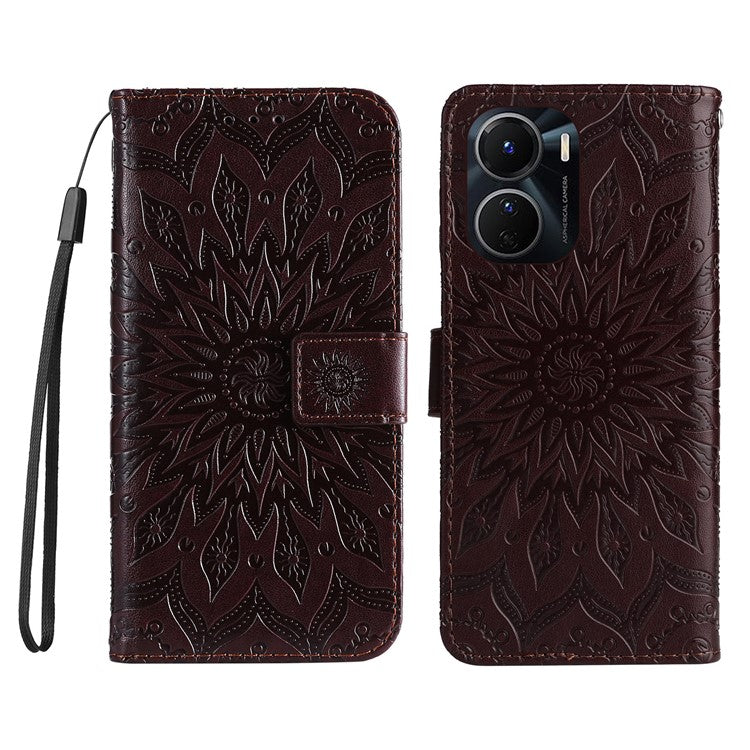 KT Imprinting Flower Series-1 for vivo Y16 4G / Y02s 4G Adjustable Stand Phone Wallet Cover  Sunflower Imprinted PU Leather Shockproof Phone Case - Brown