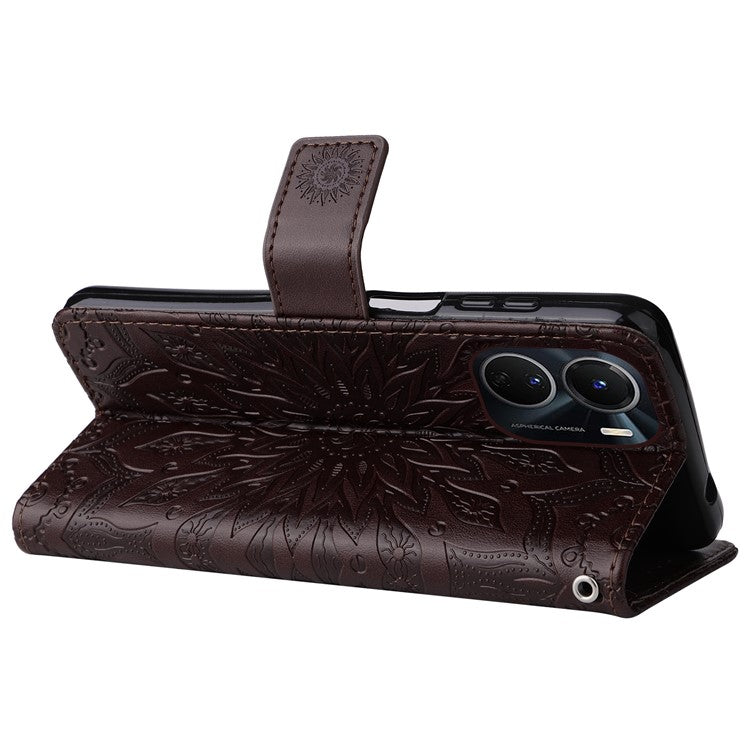 KT Imprinting Flower Series-1 for vivo Y16 4G / Y02s 4G Adjustable Stand Phone Wallet Cover  Sunflower Imprinted PU Leather Shockproof Phone Case - Brown