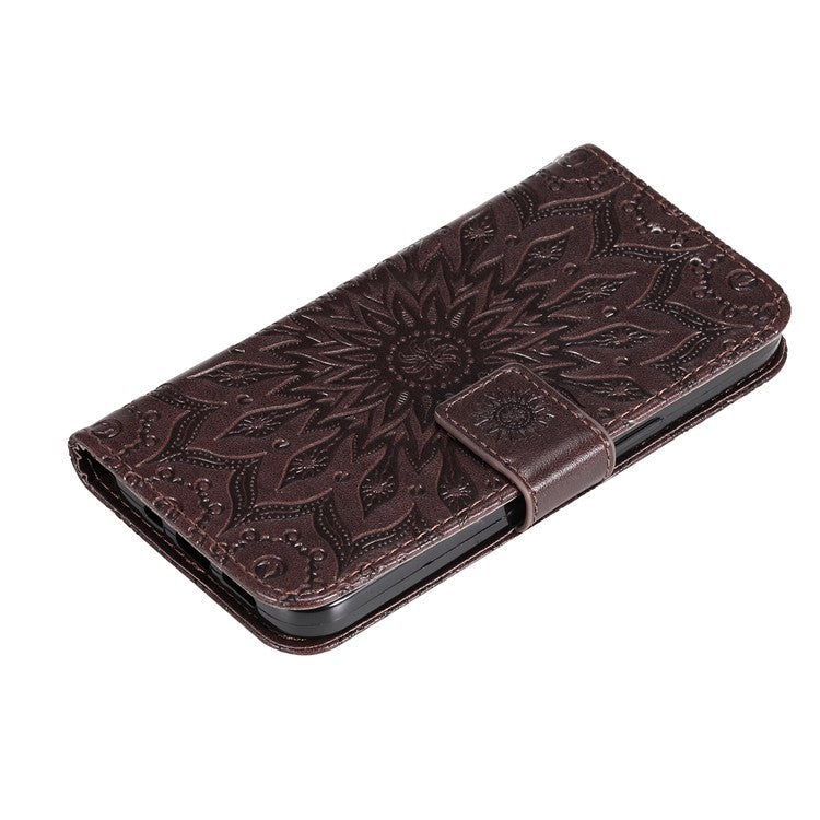 KT Imprinting Flower Series-1 for vivo Y16 4G / Y02s 4G Adjustable Stand Phone Wallet Cover  Sunflower Imprinted PU Leather Shockproof Phone Case - Brown