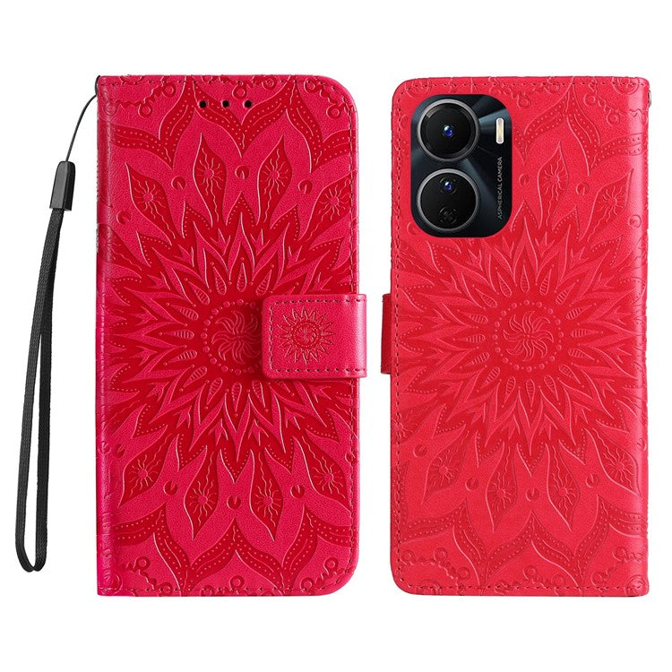 KT Imprinting Flower Series-1 for vivo Y16 4G / Y02s 4G Adjustable Stand Phone Wallet Cover  Sunflower Imprinted PU Leather Shockproof Phone Case - Red