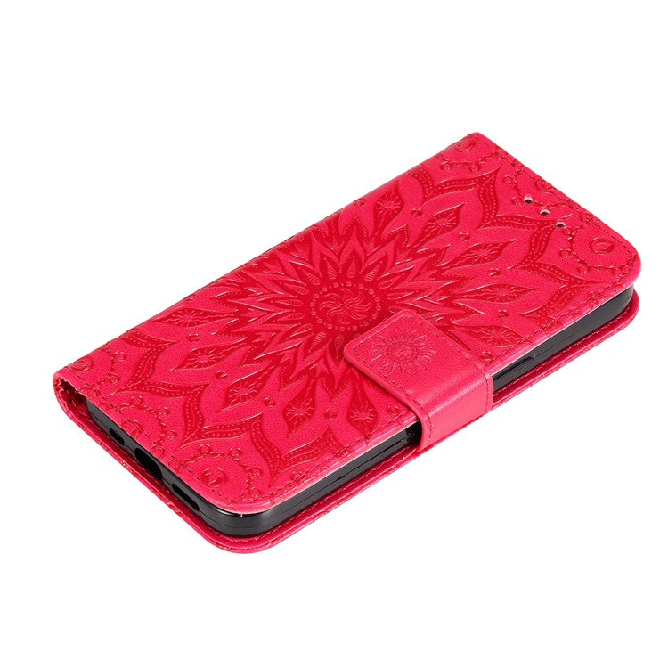 KT Imprinting Flower Series-1 for vivo Y16 4G / Y02s 4G Adjustable Stand Phone Wallet Cover  Sunflower Imprinted PU Leather Shockproof Phone Case - Red