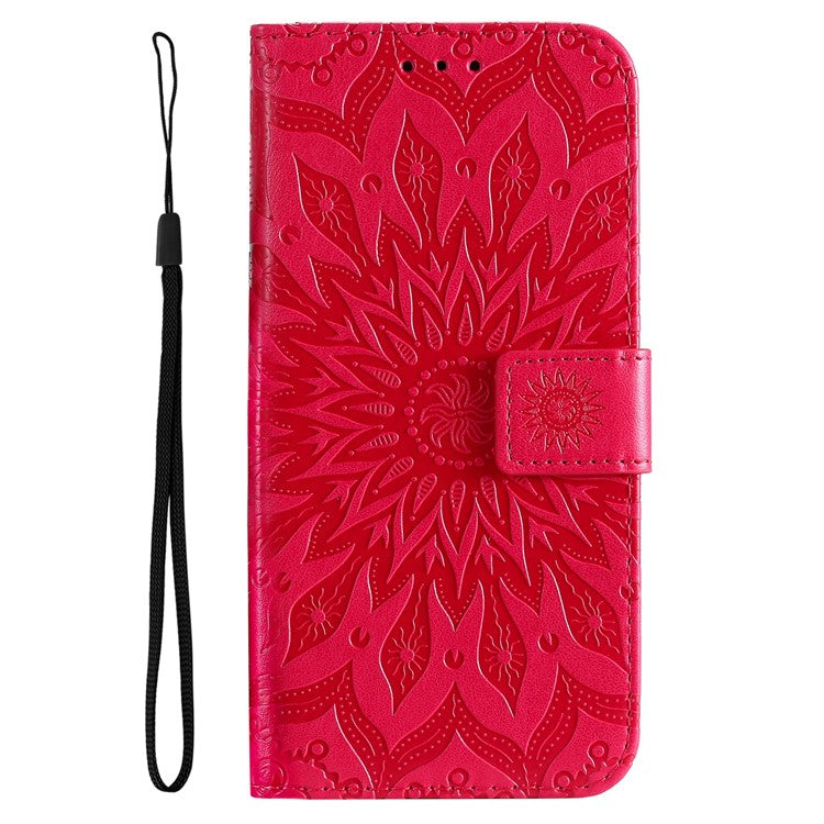 KT Imprinting Flower Series-1 for vivo Y16 4G / Y02s 4G Adjustable Stand Phone Wallet Cover  Sunflower Imprinted PU Leather Shockproof Phone Case - Red