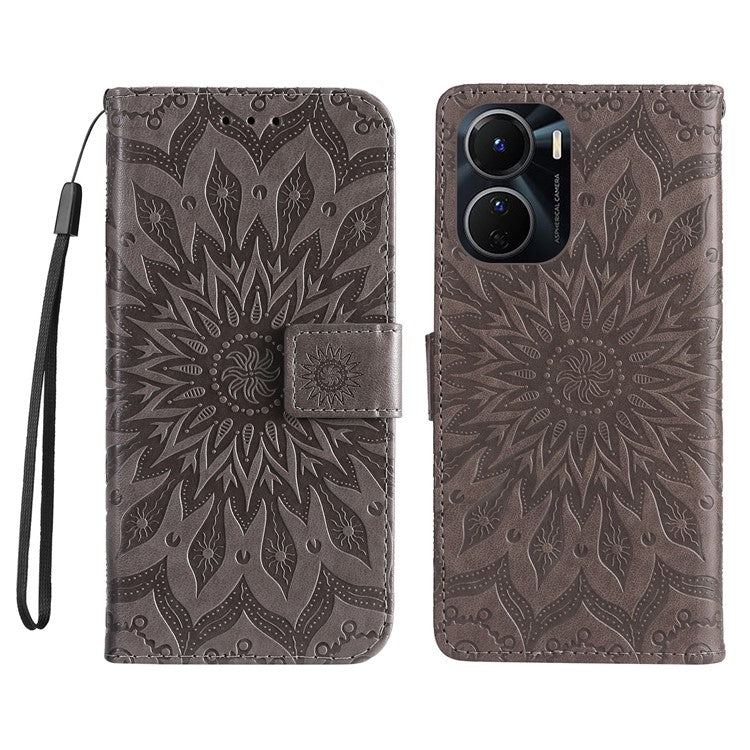 KT Imprinting Flower Series-1 for vivo Y16 4G / Y02s 4G Adjustable Stand Phone Wallet Cover  Sunflower Imprinted PU Leather Shockproof Phone Case - Grey