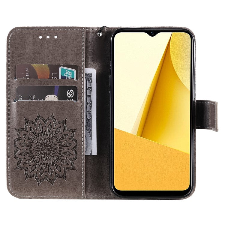 KT Imprinting Flower Series-1 for vivo Y16 4G / Y02s 4G Adjustable Stand Phone Wallet Cover  Sunflower Imprinted PU Leather Shockproof Phone Case - Grey