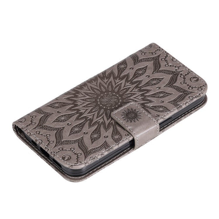 KT Imprinting Flower Series-1 for vivo Y16 4G / Y02s 4G Adjustable Stand Phone Wallet Cover  Sunflower Imprinted PU Leather Shockproof Phone Case - Grey