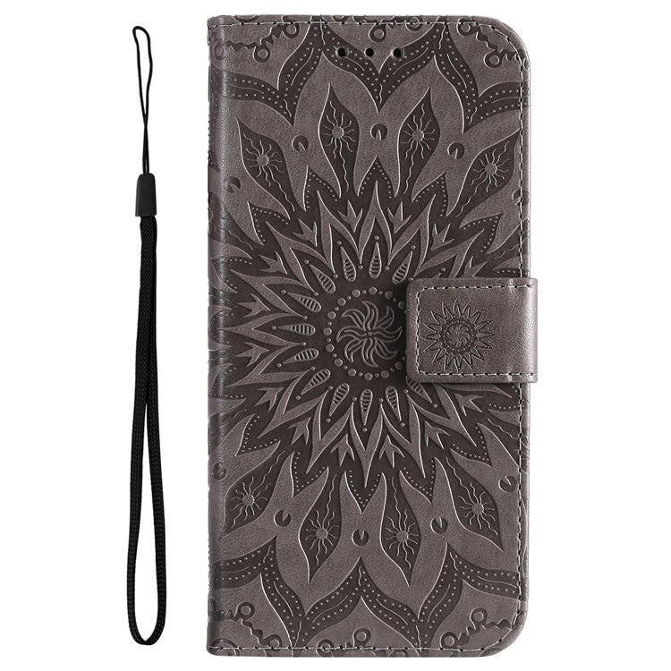 KT Imprinting Flower Series-1 for vivo Y16 4G / Y02s 4G Adjustable Stand Phone Wallet Cover  Sunflower Imprinted PU Leather Shockproof Phone Case - Grey