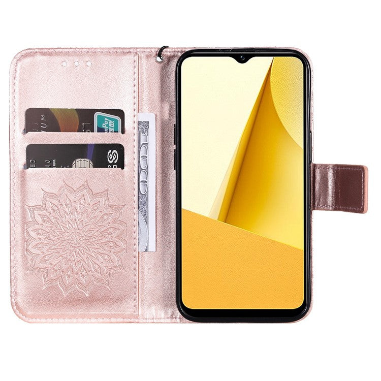 KT Imprinting Flower Series-1 for vivo Y16 4G / Y02s 4G Adjustable Stand Phone Wallet Cover  Sunflower Imprinted PU Leather Shockproof Phone Case - Rose Gold