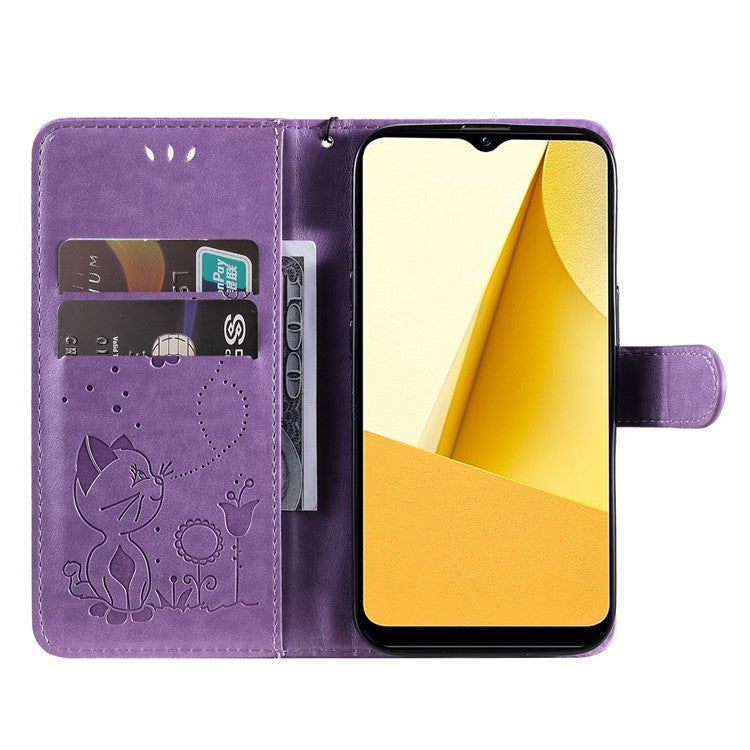 KT Imprinting Flower Series-4 for vivo Y16 4G / Y02s 4G Full Protection Imprinted Cat Bee Flower Stand Wallet Phone Case PU Leather Phone Shell - Purple