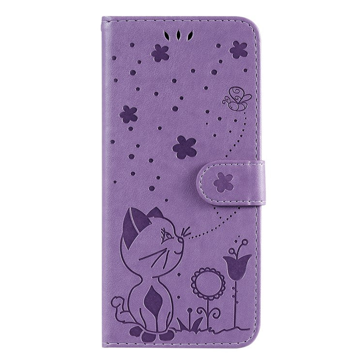 KT Imprinting Flower Series-4 for vivo Y16 4G / Y02s 4G Full Protection Imprinted Cat Bee Flower Stand Wallet Phone Case PU Leather Phone Shell - Purple