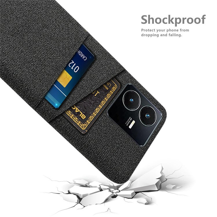 For vivo Y22s 4G / Y35 4G (2022) / Y22 4G Cloth Texture Phone Case Shock Absorbing Dual Card Slots PC Protective Back Cover - Black