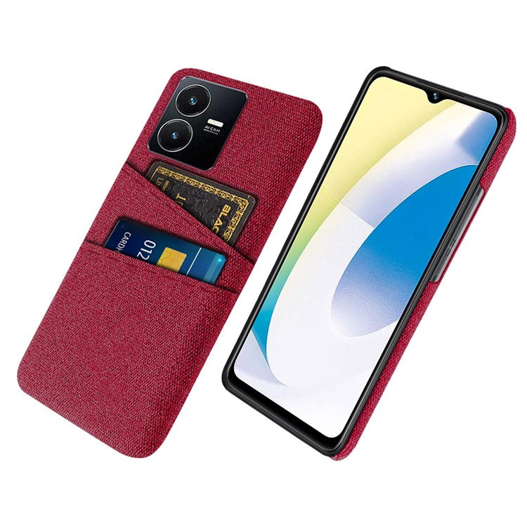 For vivo Y22s 4G / Y35 4G (2022) / Y22 4G Cloth Texture Phone Case Shock Absorbing Dual Card Slots PC Protective Back Cover - Red