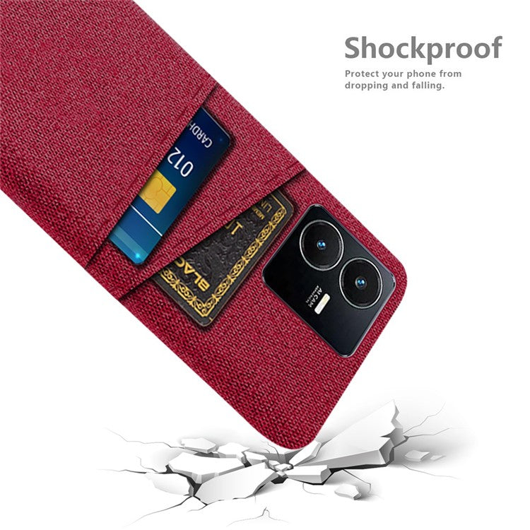 For vivo Y22s 4G / Y35 4G (2022) / Y22 4G Cloth Texture Phone Case Shock Absorbing Dual Card Slots PC Protective Back Cover - Red