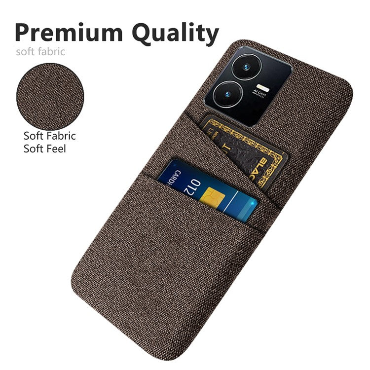 For vivo Y22s 4G / Y35 4G (2022) / Y22 4G Cloth Texture Phone Case Shock Absorbing Dual Card Slots PC Protective Back Cover - Brown