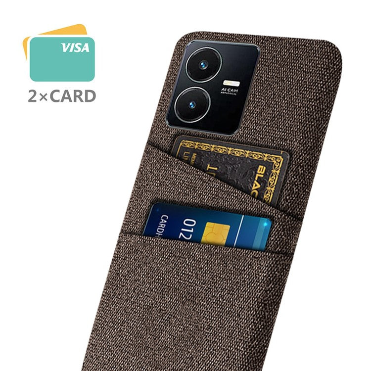 For vivo Y22s 4G / Y35 4G (2022) / Y22 4G Cloth Texture Phone Case Shock Absorbing Dual Card Slots PC Protective Back Cover - Brown