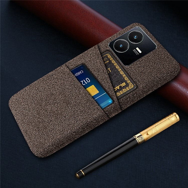 For vivo Y22s 4G / Y35 4G (2022) / Y22 4G Cloth Texture Phone Case Shock Absorbing Dual Card Slots PC Protective Back Cover - Brown