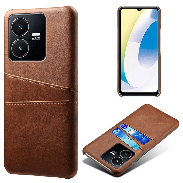 For vivo Y22s 4G / Y35 4G (2022) / Y22 4G Phone Case with Dual Card Slots, PU Leather Coated Hard PC Cover - Brown